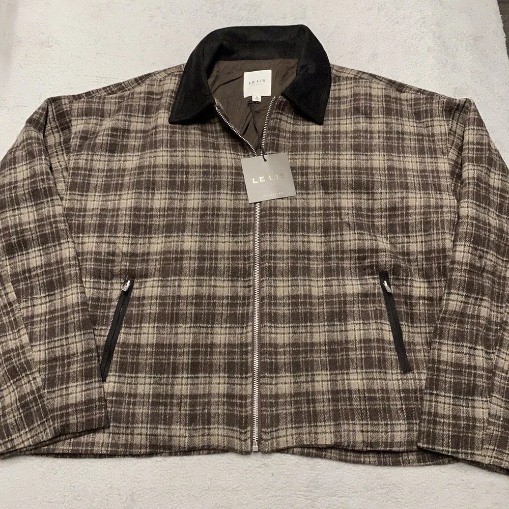 Le Lis Jacket‎ Medium Brown Plaid Work Pockets Zip NEW